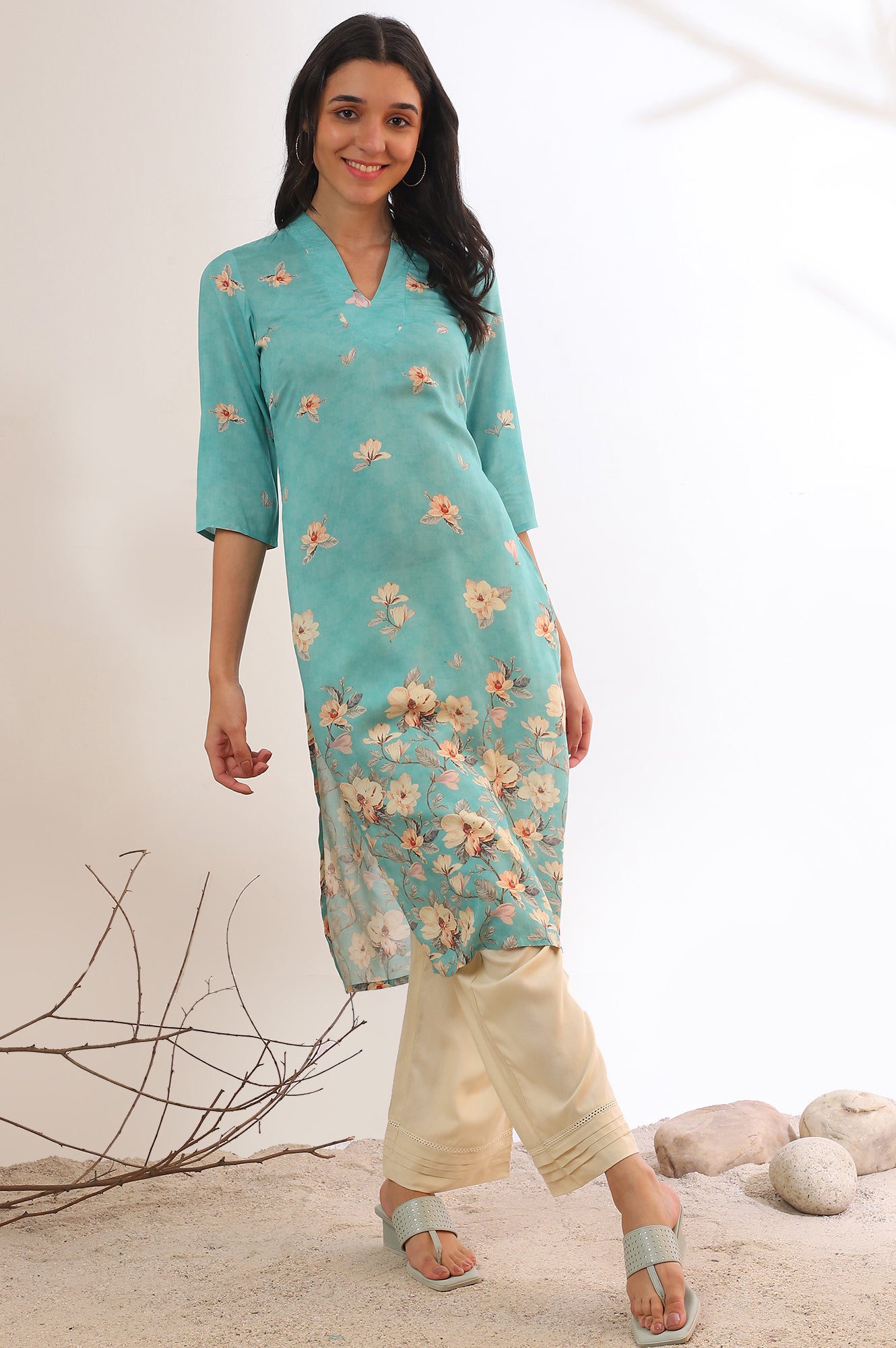 Blue Floral Printed Modal Straight Kurta