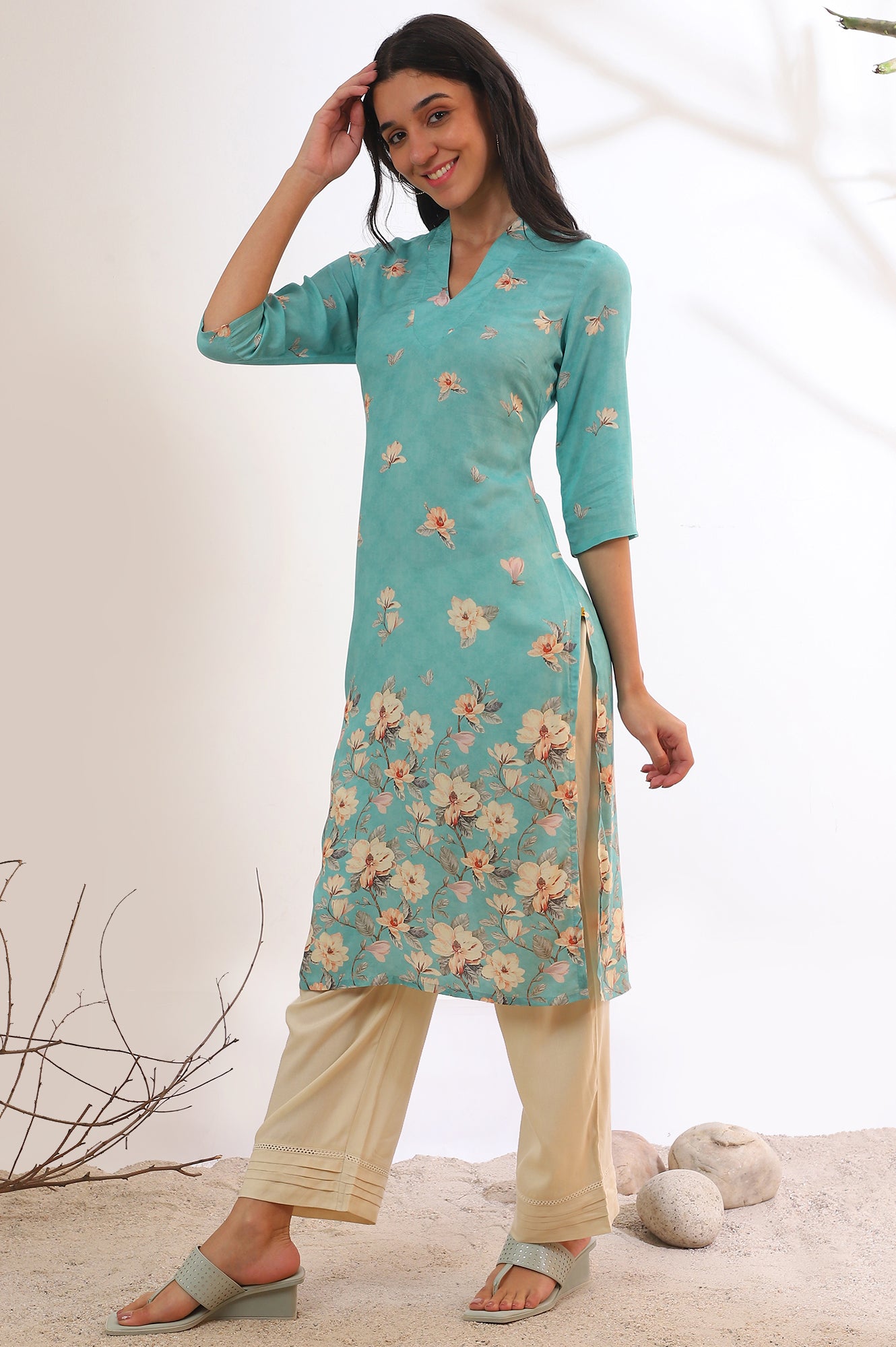 Blue Floral Printed Modal Straight Kurta