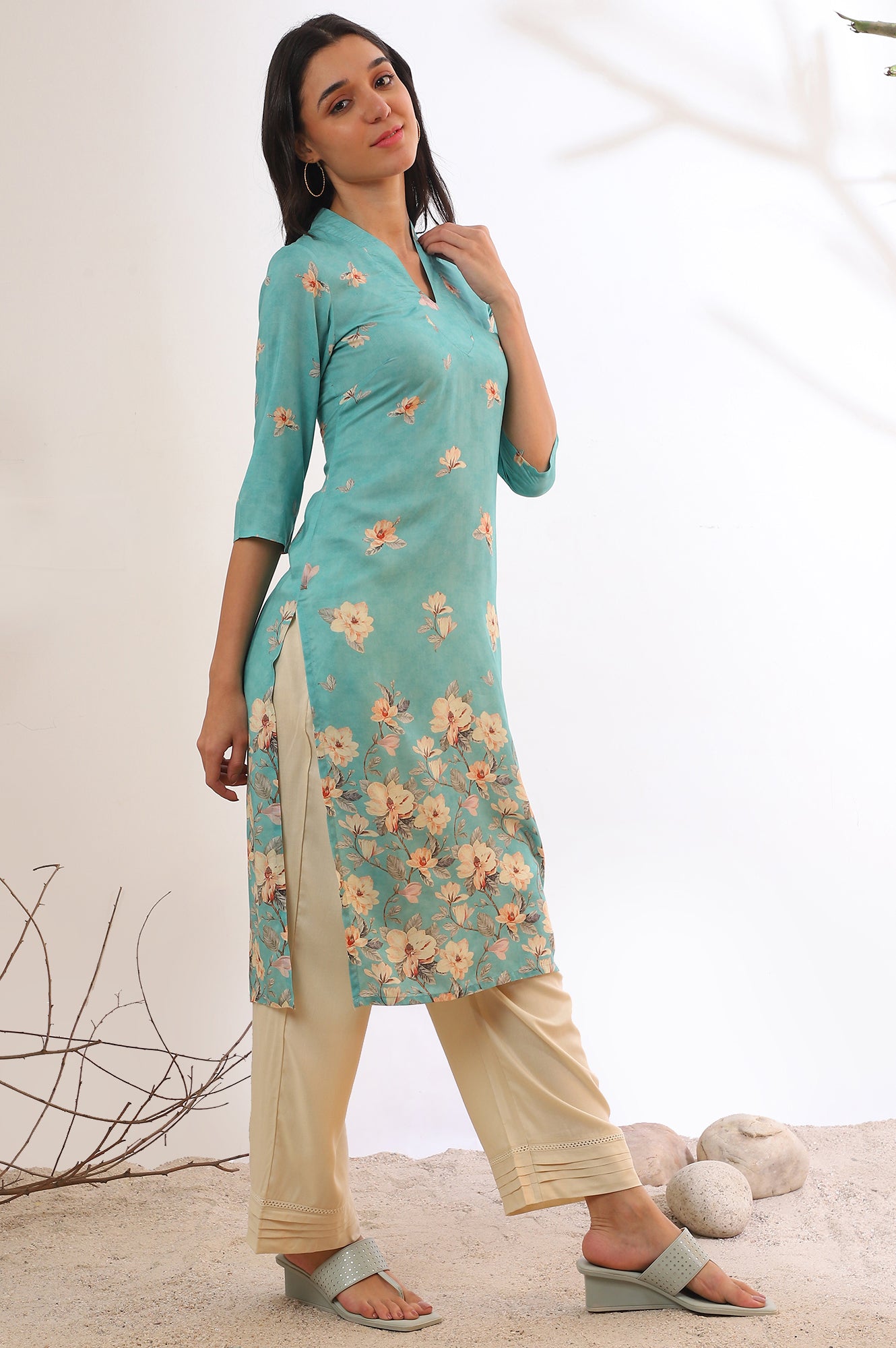 Blue Floral Printed Modal Straight Kurta