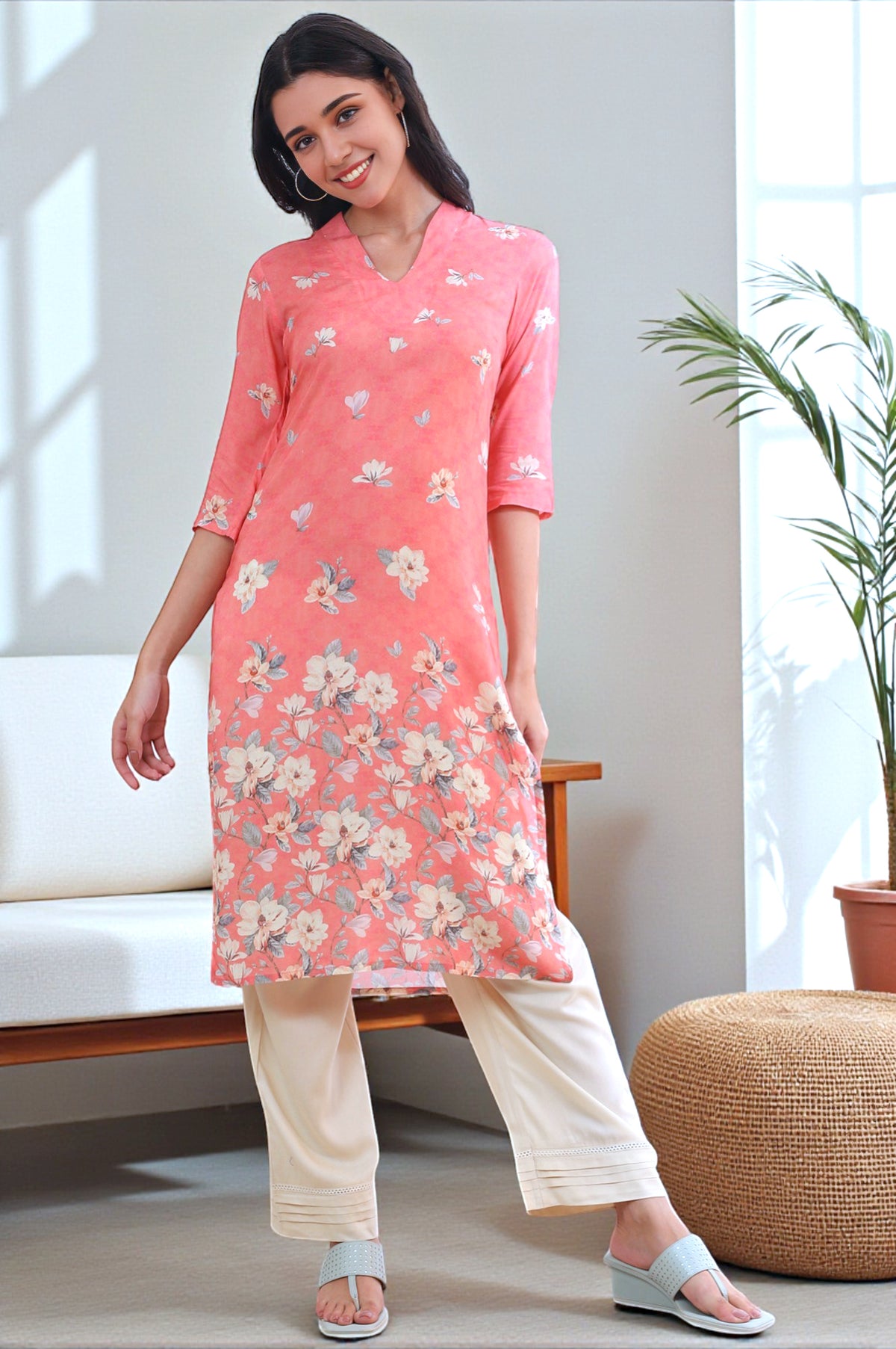 Salmon Pink Floral Printed Modal Straight Kurta - S