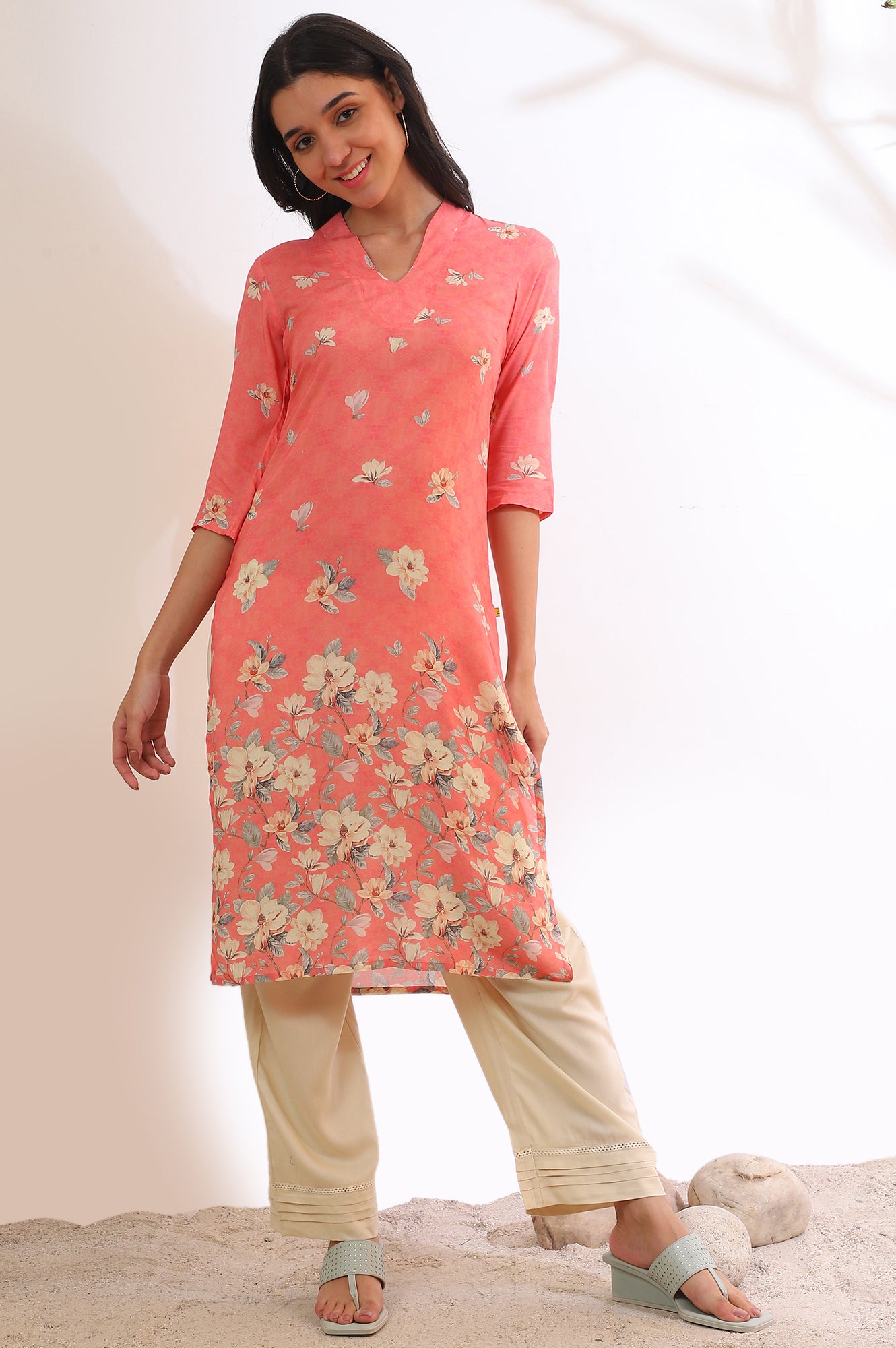 Salmon Pink Floral Printed Modal Straight Kurta