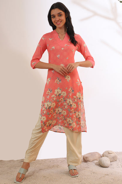 Salmon Pink Floral Printed Modal Straight Kurta