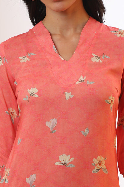 Salmon Pink Floral Printed Modal Straight Kurta