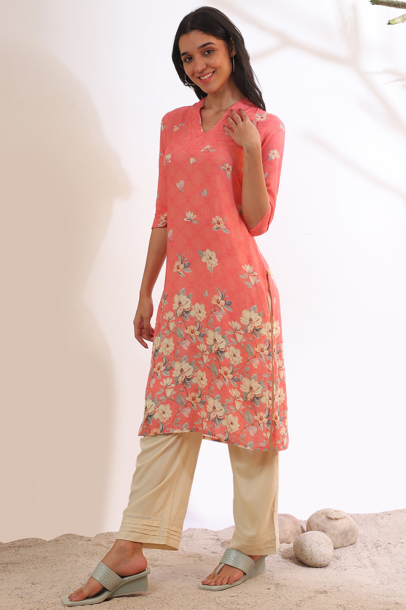 Salmon Pink Floral Printed Modal Straight Kurta