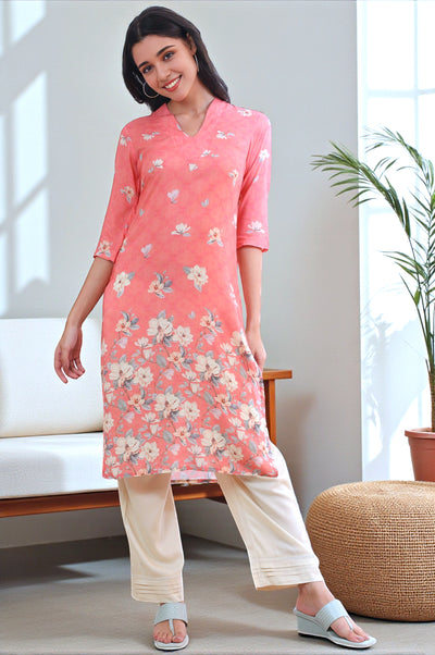 Salmon Pink Floral Printed Modal Straight Kurta
