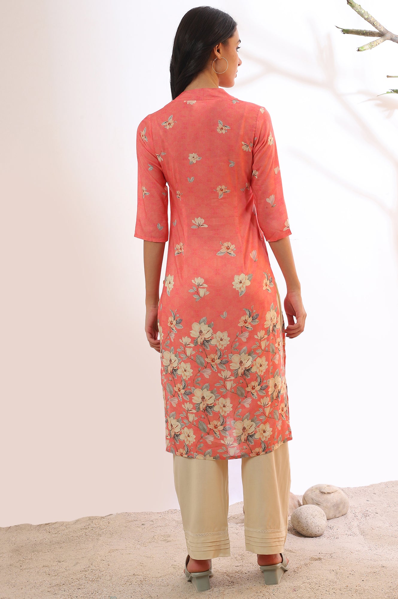 Salmon Pink Floral Printed Modal Straight Kurta