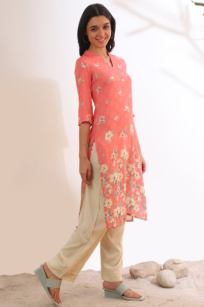 Salmon Pink Floral Printed Modal Straight Kurta