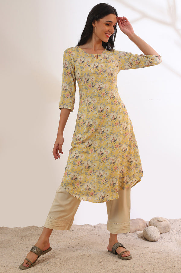 Yellow Floral Printed Modal A-Line Kurta