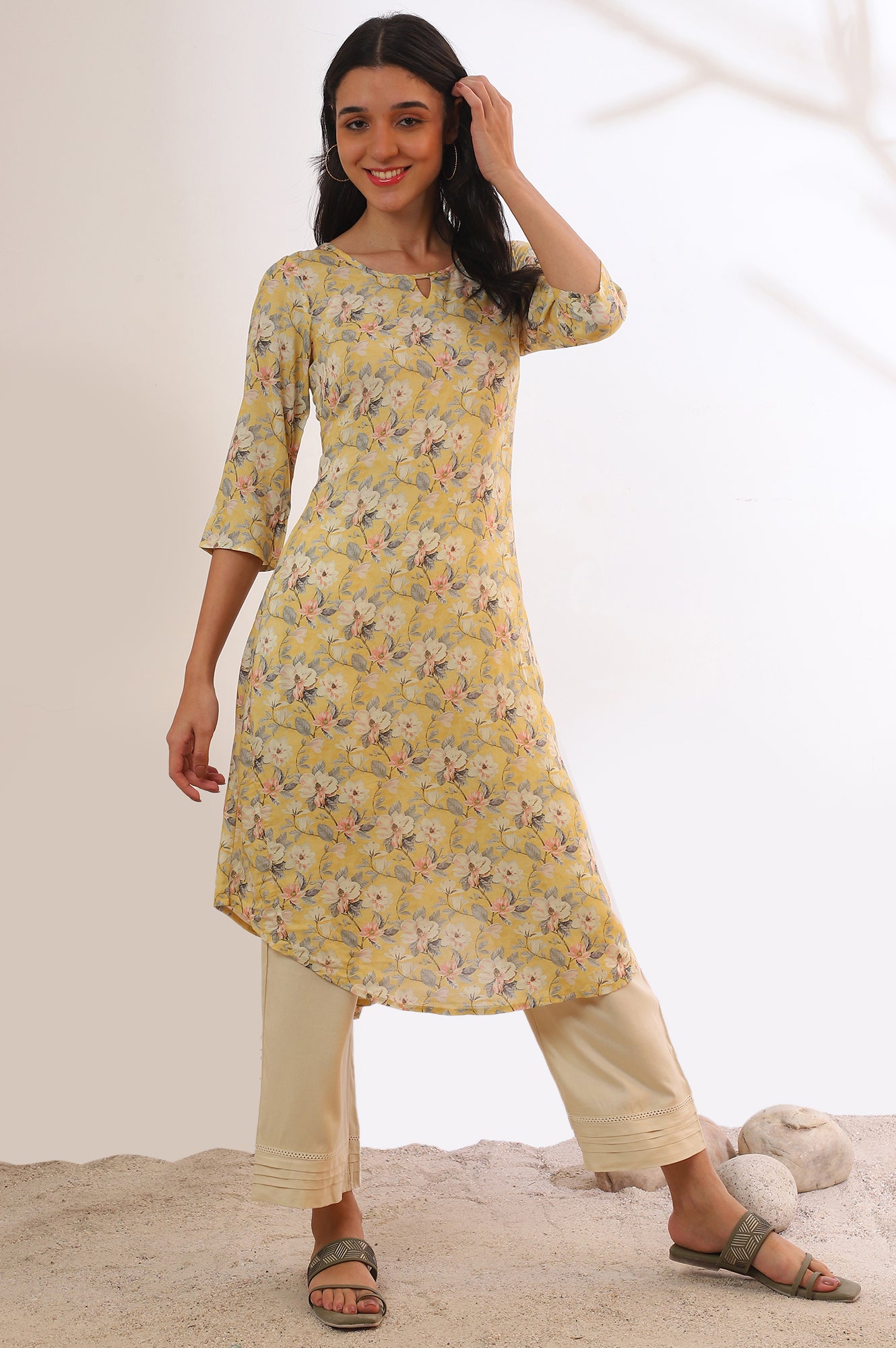 Yellow Printed A-Line Kurta