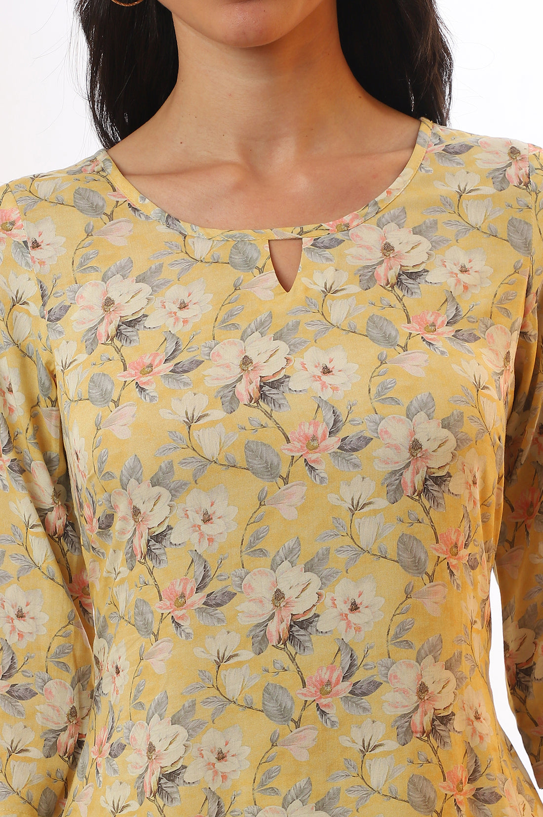 Yellow Floral Printed Modal A-Line Kurta