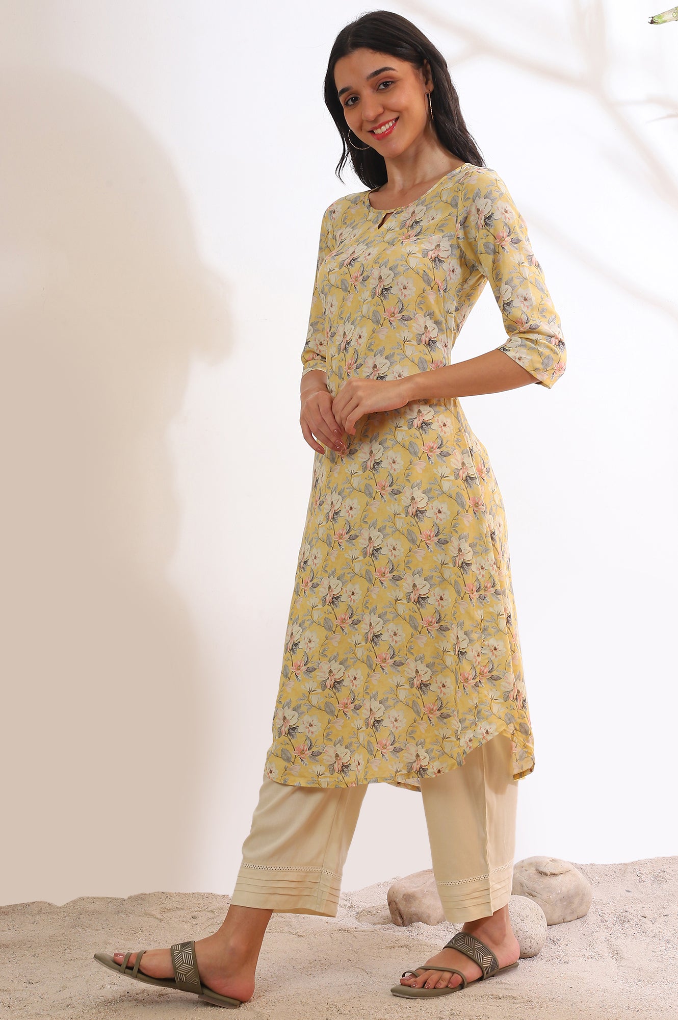 Yellow Printed A-Line Kurta