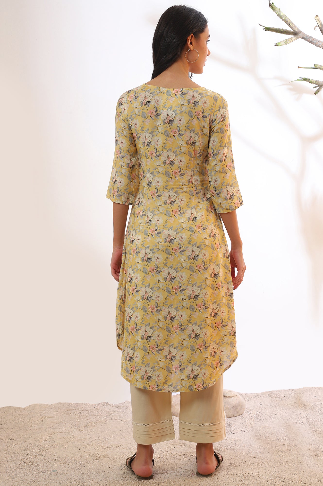 Yellow Printed A-Line Kurta