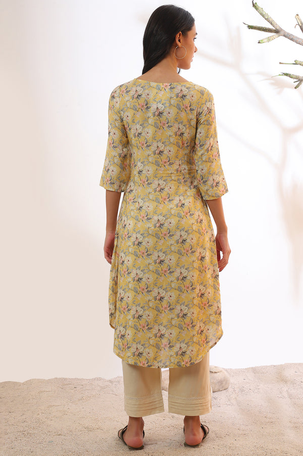 Yellow Floral Printed Modal A-Line Kurta