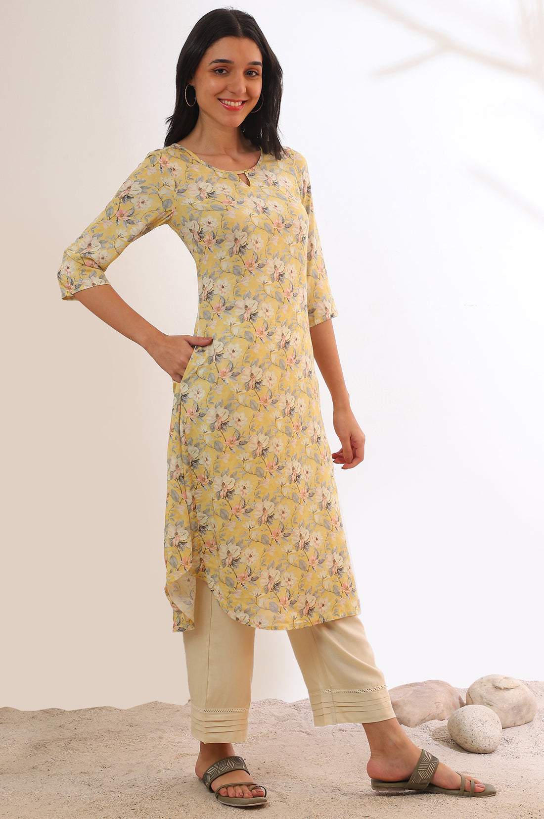 Yellow Floral Printed Modal A-Line Kurta
