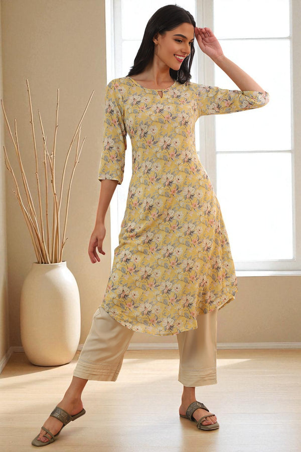 Yellow Floral Printed Modal A-Line Kurta