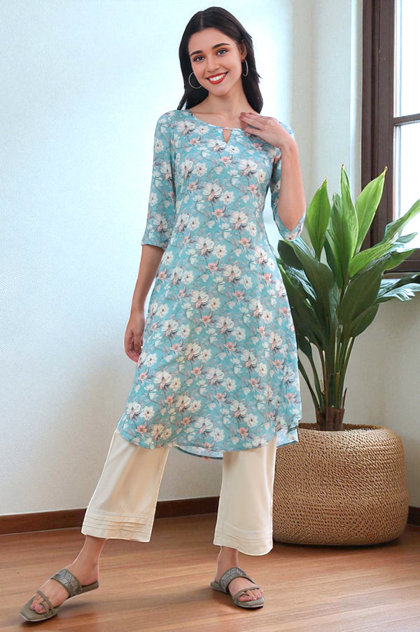 Blue Floral Printed Modal A-Line Kurta