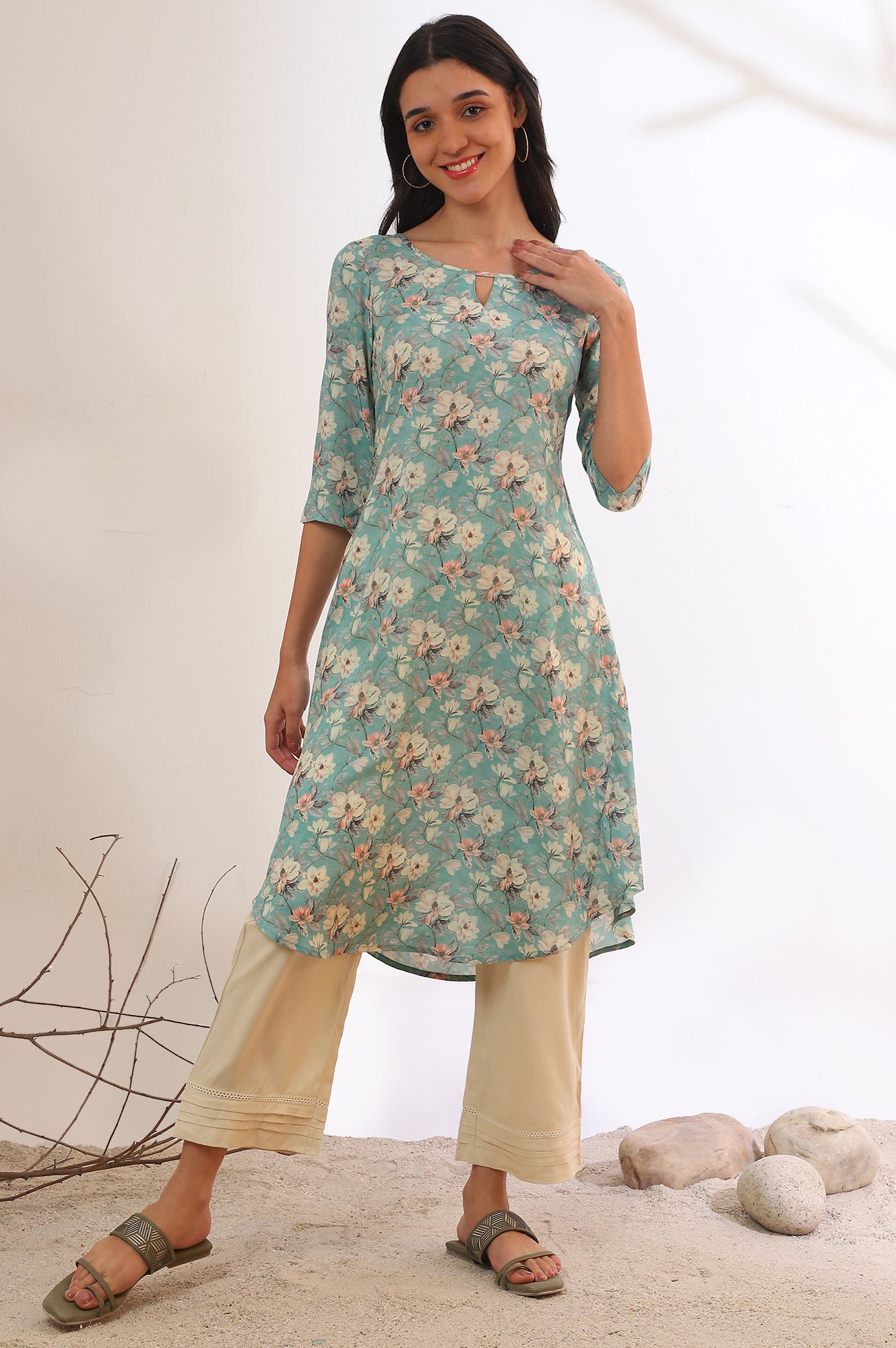 Blue Printed A-Line Kurta