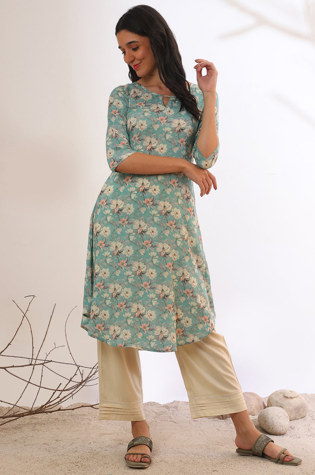 Blue Floral Printed Modal A-Line Kurta