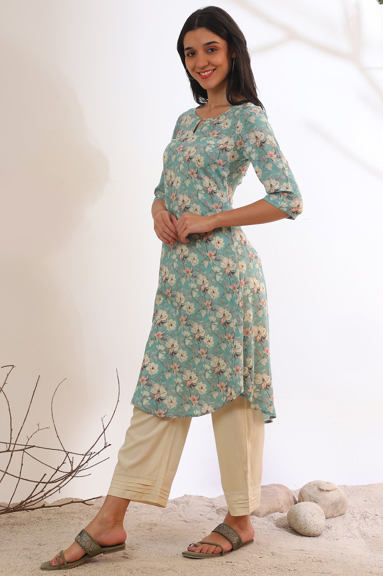 Blue Printed A-Line Kurta