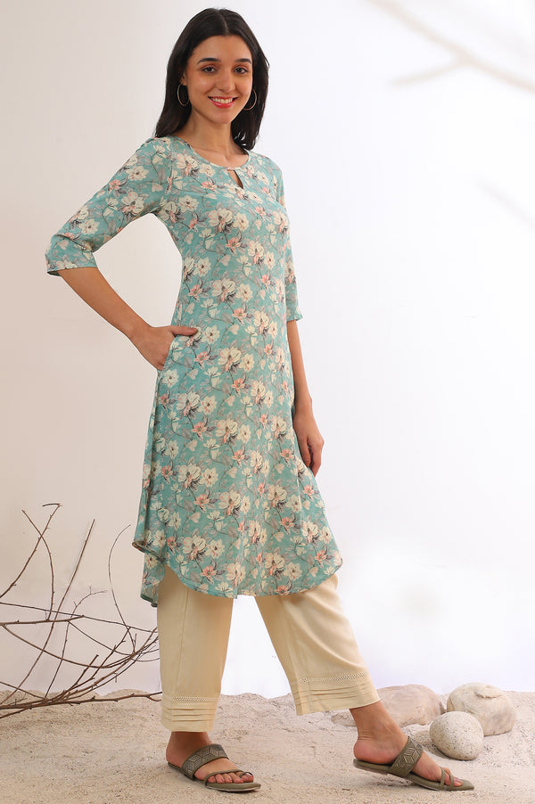 Blue Floral Printed Modal A-Line Kurta