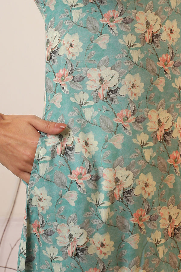 Blue Floral Printed Modal A-Line Kurta