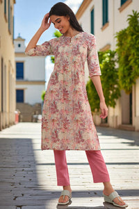 Pink Floral Printed Straight Cotton Blend Kurta