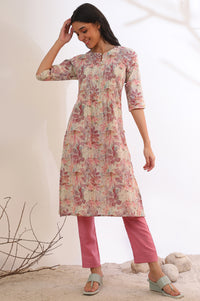 Pink Floral Printed Straight Cotton Blend Kurta