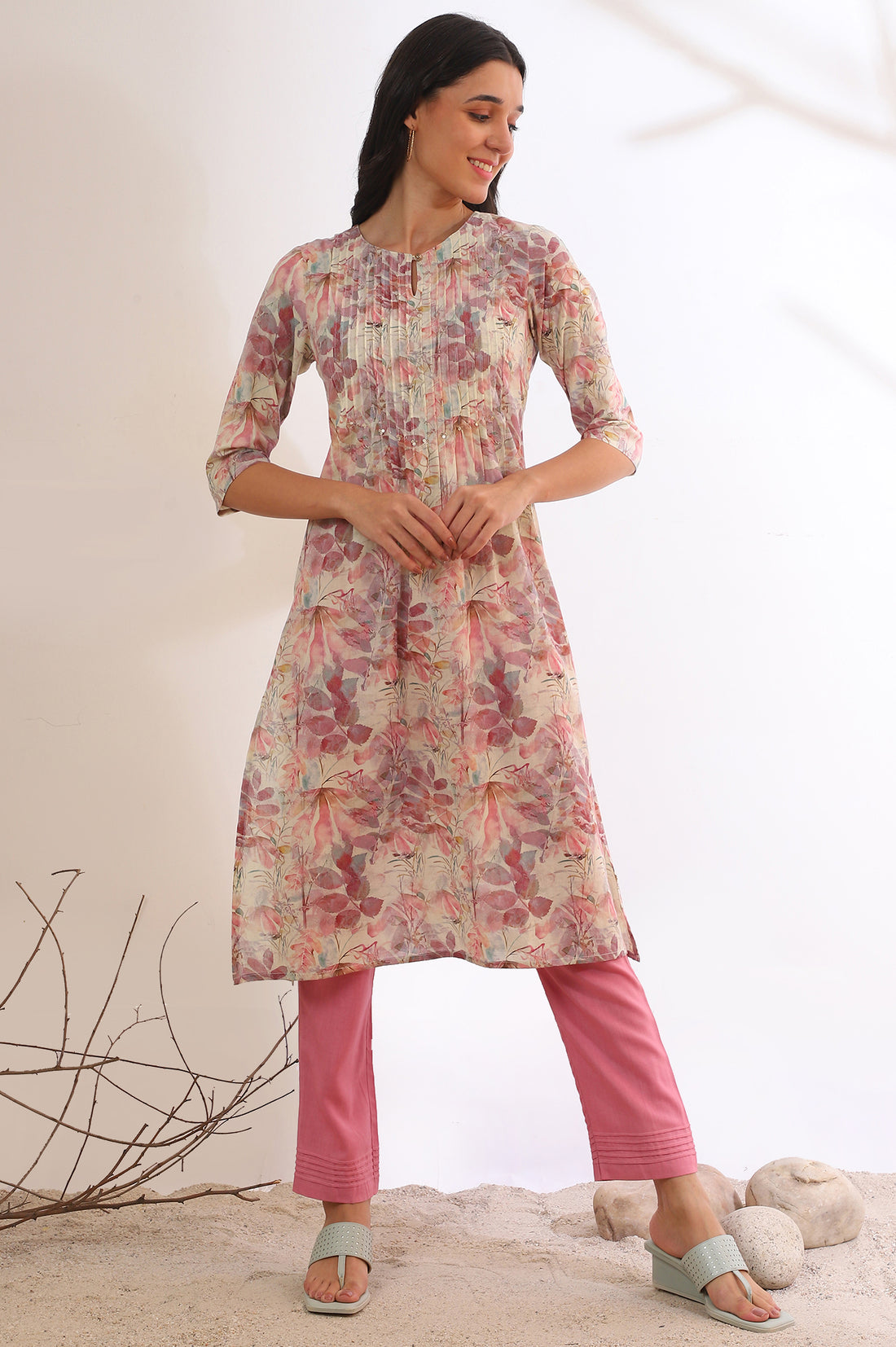 Pink Floral Printed Straight Cotton Blend Kurta