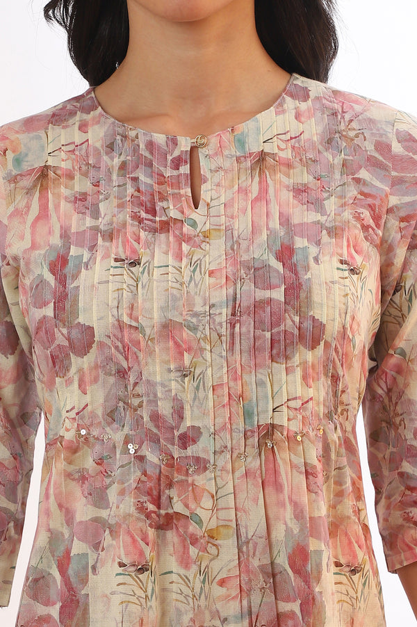 Pink Floral Printed Straight Cotton Blend Kurta