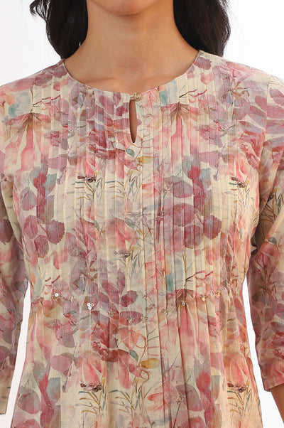 Pink Floral Printed Straight Cotton Blend Kurta