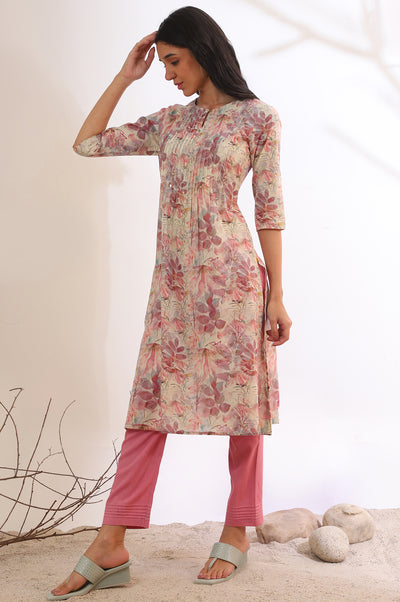Pink Floral Printed Straight Cotton Blend Kurta