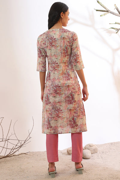 Pink Floral Printed Straight Cotton Blend Kurta
