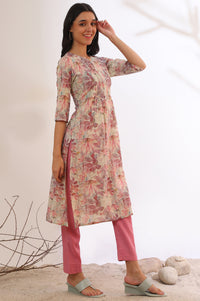 Pink Floral Printed Straight Cotton Blend Kurta