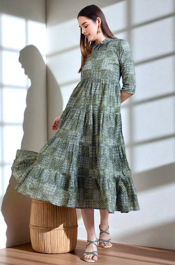 Green Geometric Printed Pure Cotton Tiered Dress