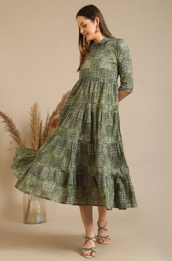Green Geometric Printed Pure Cotton Tiered Dress