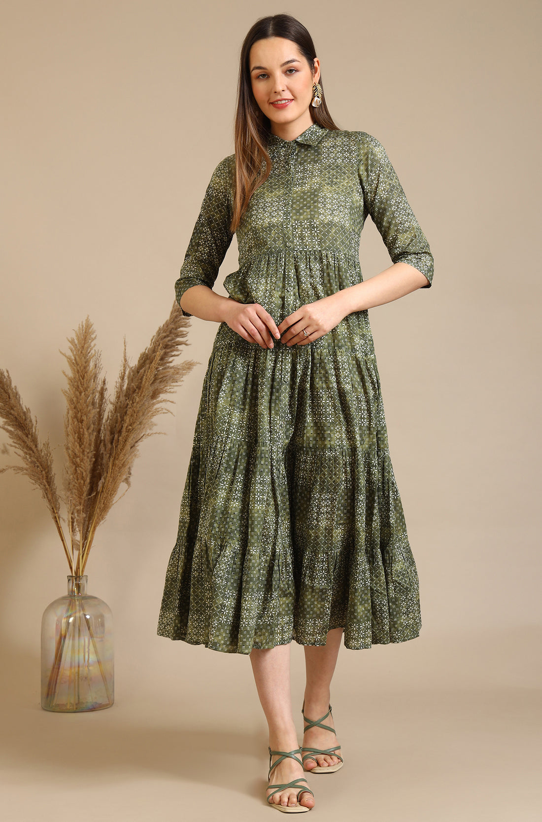 Green Geometric Printed Pure Cotton Tiered Dress
