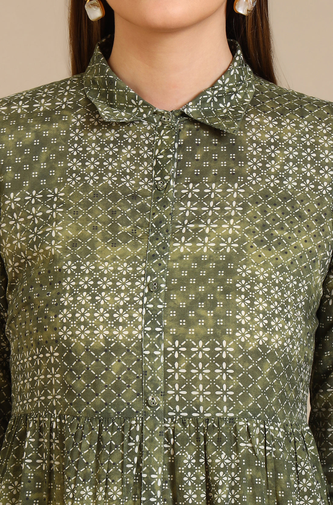 Green Geometric Printed Pure Cotton Tiered Dress