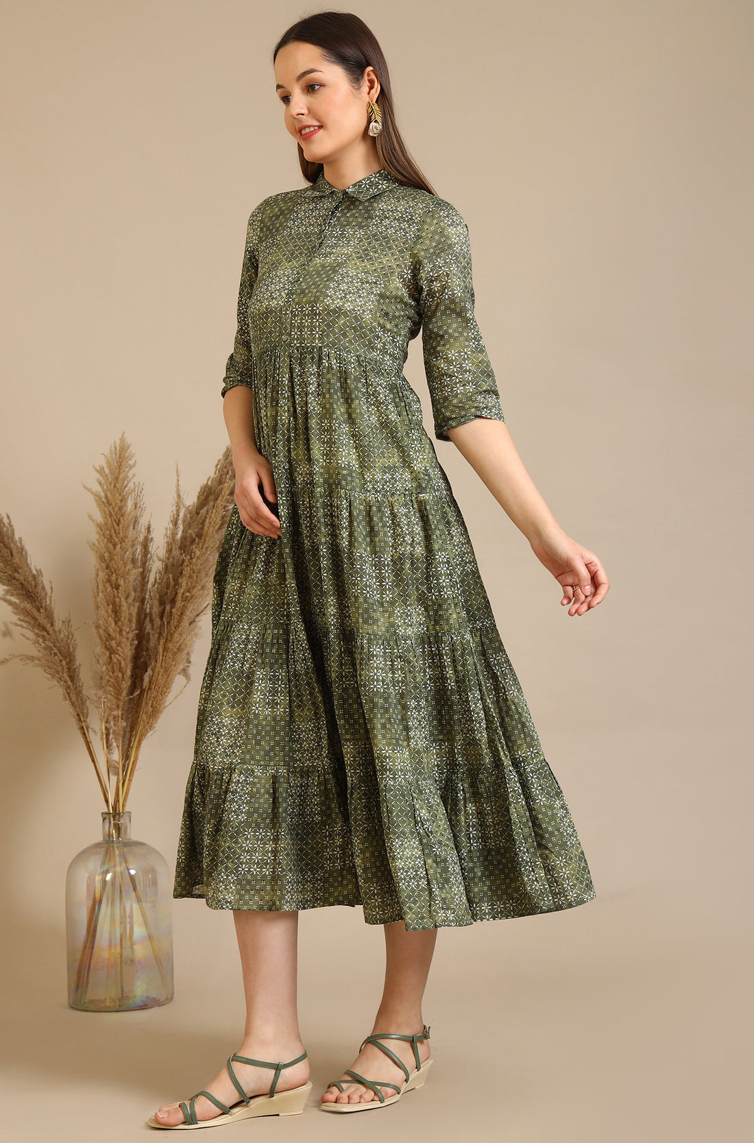 Green Geometric Printed Pure Cotton Tiered Dress