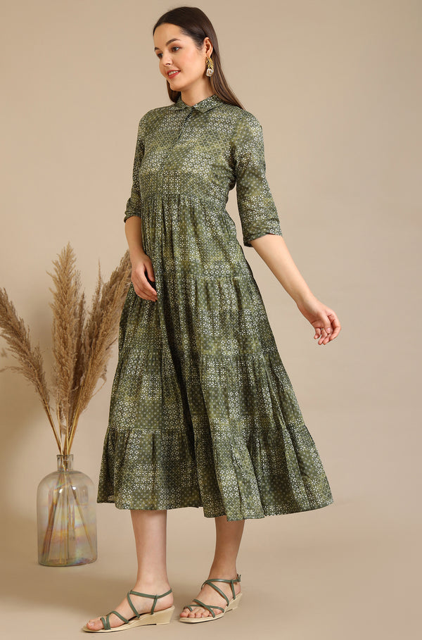 Green Geometric Printed Pure Cotton Tiered Dress