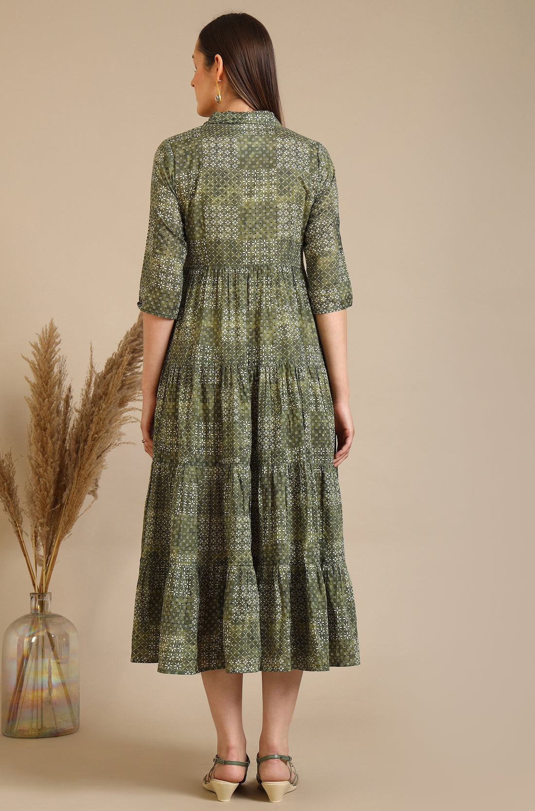 Green Geometric Printed Pure Cotton Tiered Dress