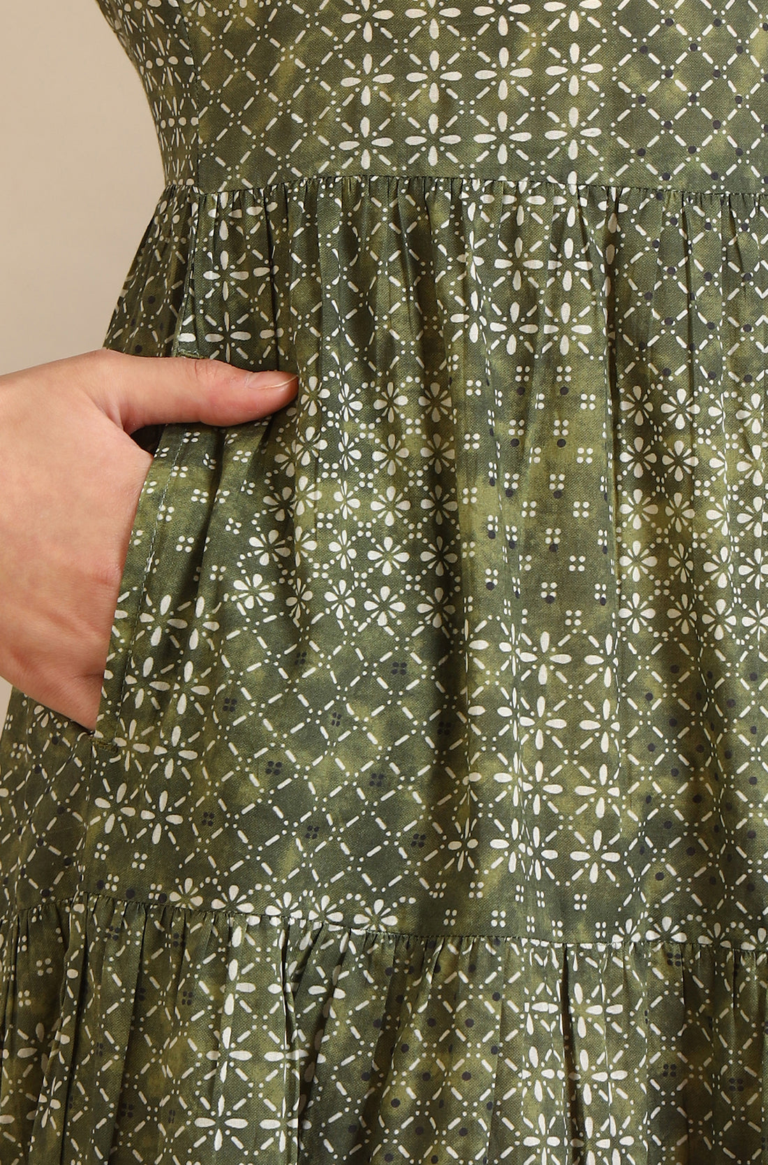 Green Geometric Printed Pure Cotton Tiered Dress