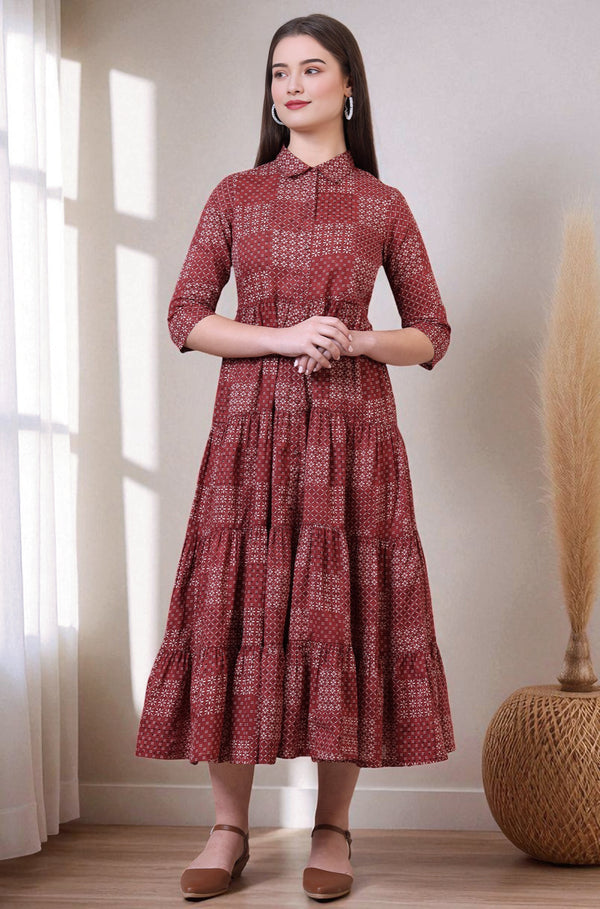 Orange Geometric Printed Pure Cotton Tiered Dress