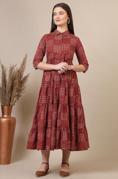 Orange Geometric Printed Pure Cotton Tiered Dress