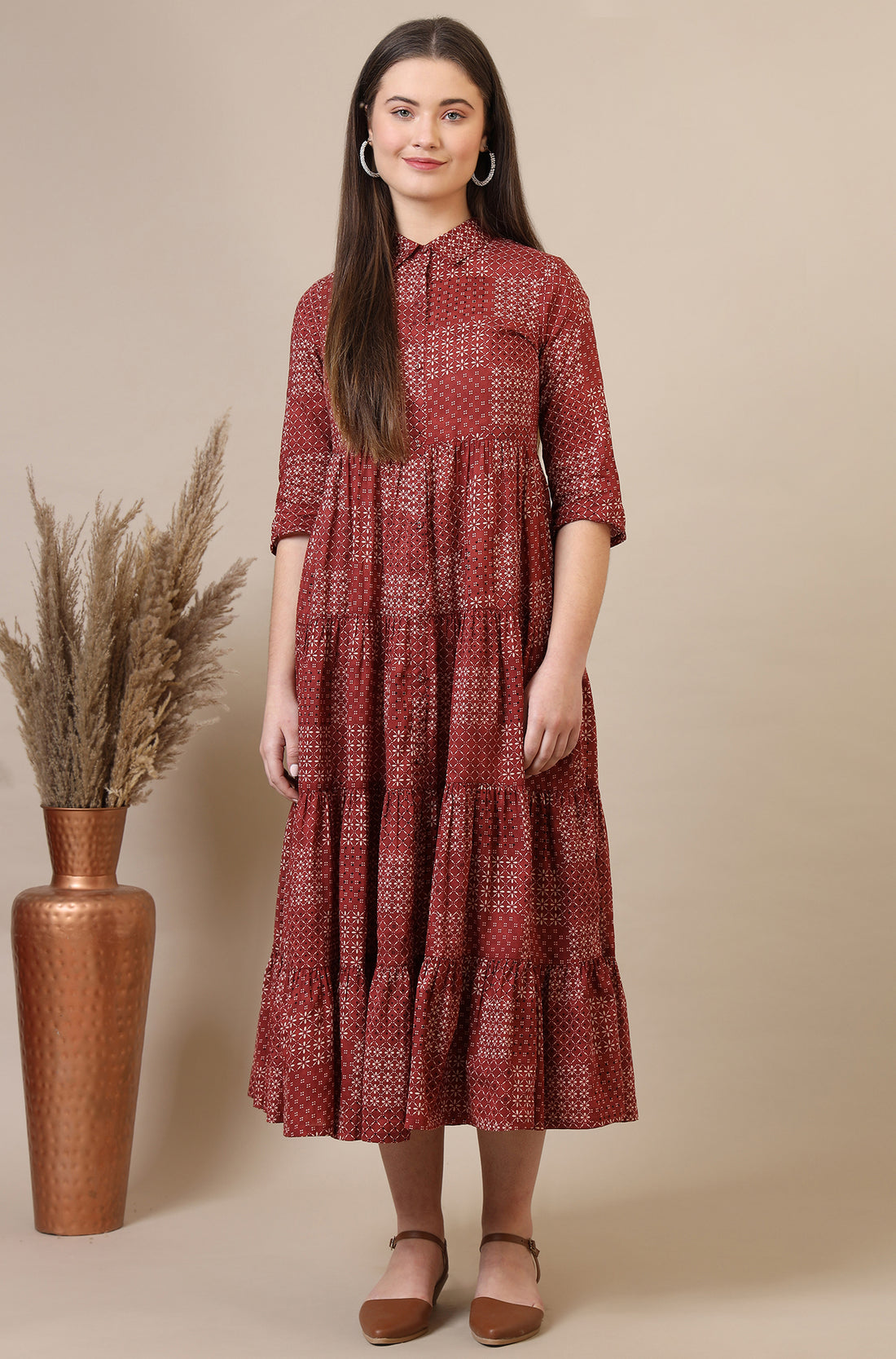 Orange Geometric Printed Pure Cotton Tiered Dress