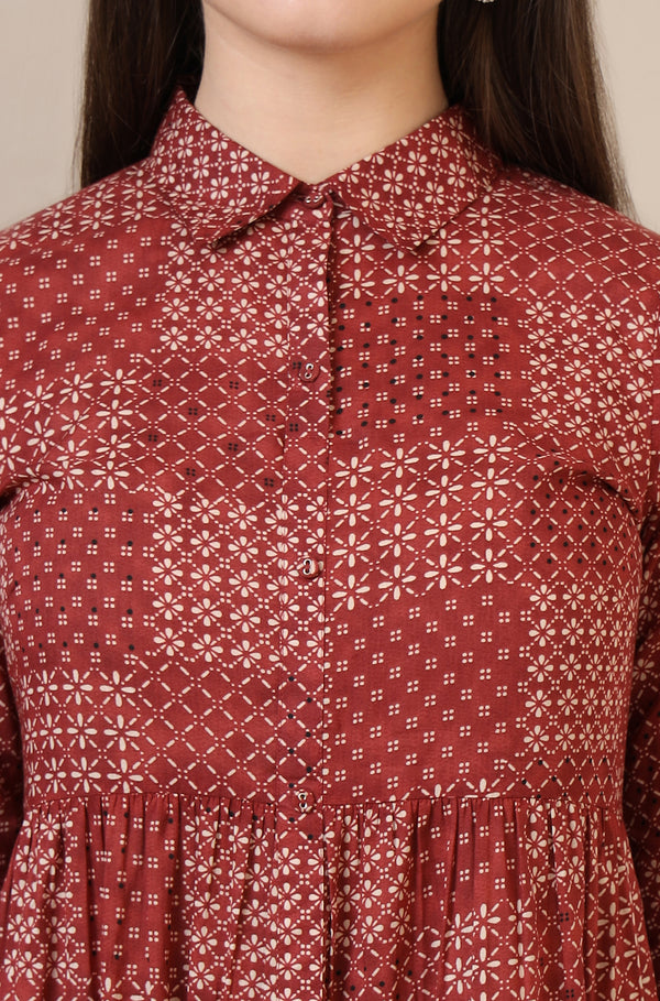 Orange Geometric Printed Pure Cotton Tiered Dress