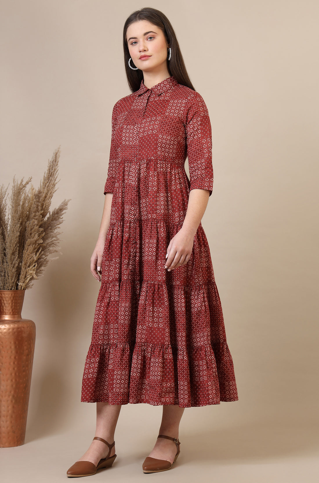 Orange Geometric Printed Pure Cotton Tiered Dress