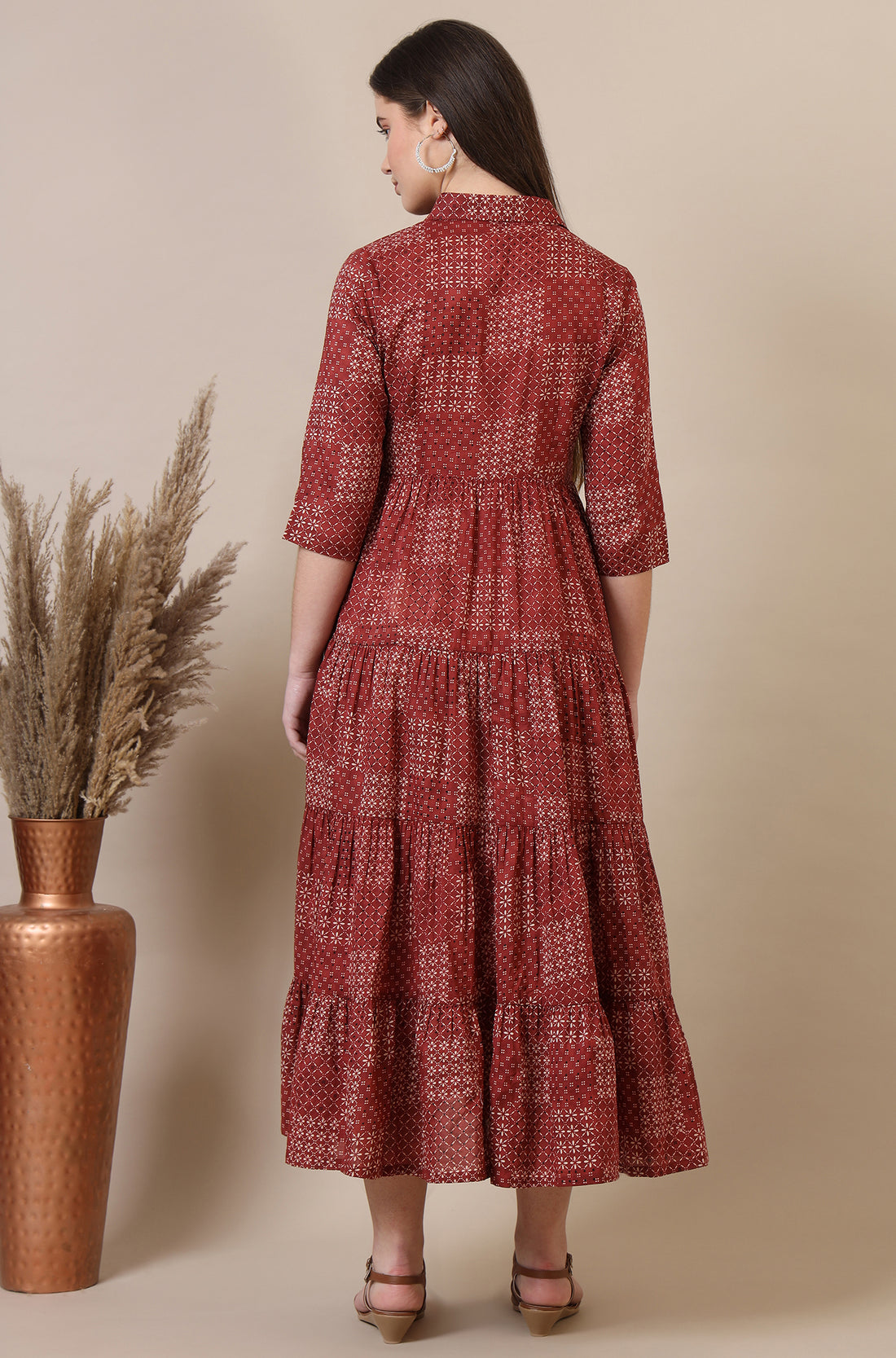 Orange Geometric Printed Pure Cotton Tiered Dress