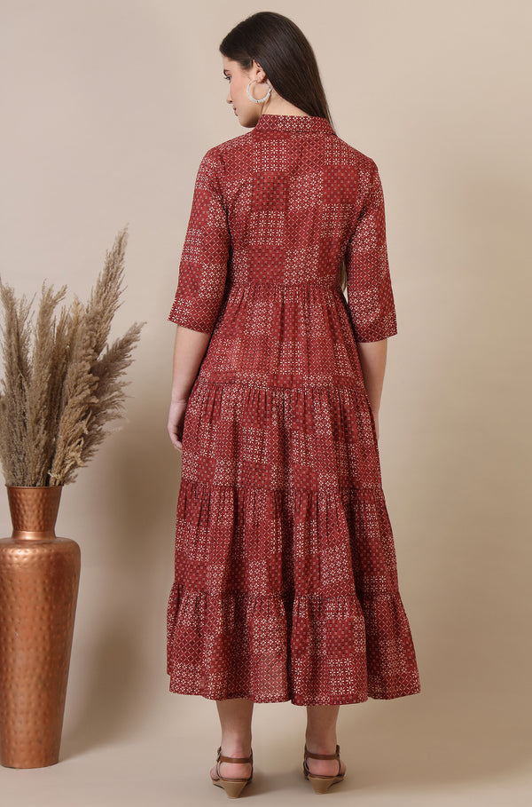 Orange Geometric Printed Pure Cotton Tiered Dress