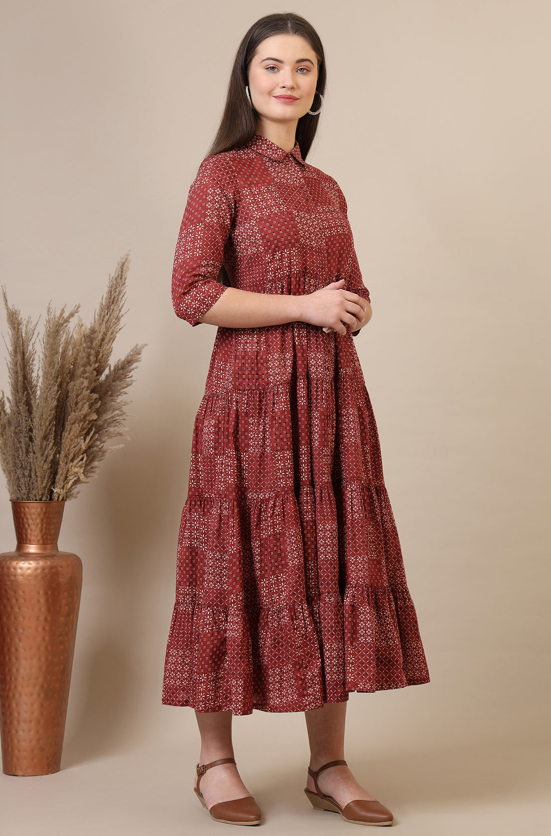 Orange Geometric Printed Pure Cotton Tiered Dress