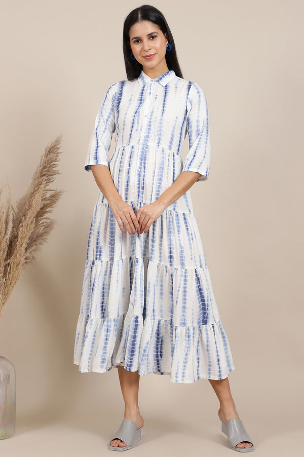 Blue Geometric Printed A-Line Viscose Dress